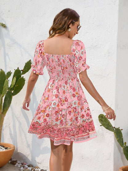 Printed Square Neck Short Sleeve Dress - Siennasass