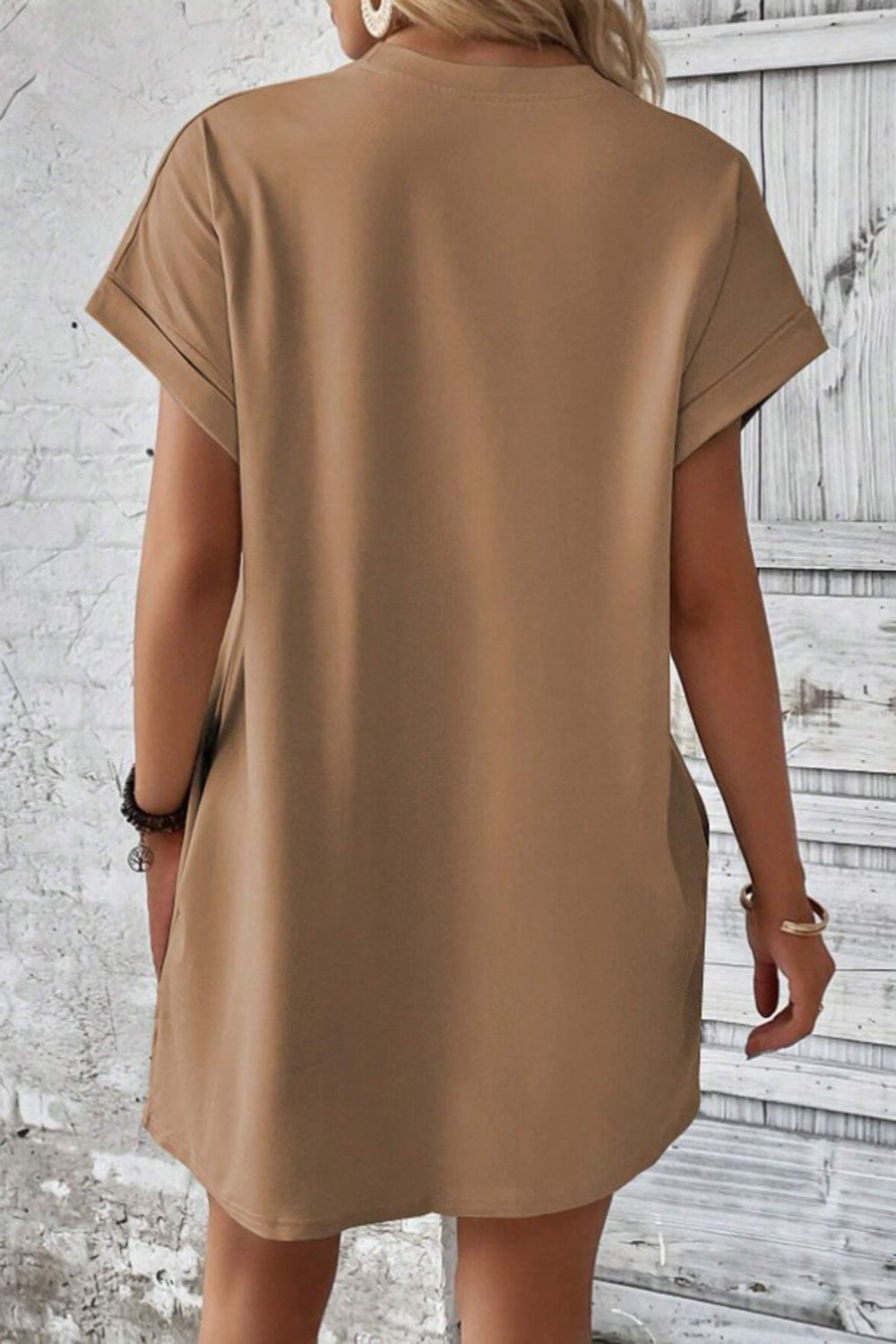 Pocketed Round Neck Short Sleeve Dress - Siennasass