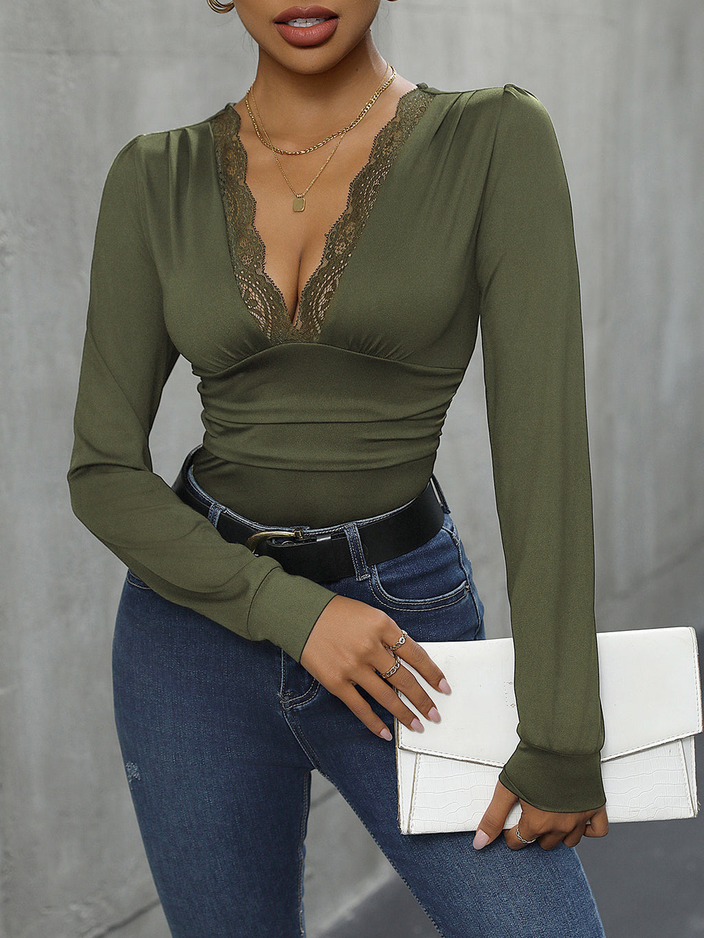 Lace Detail Plunge Long Sleeve Bodysuit - Siennasass