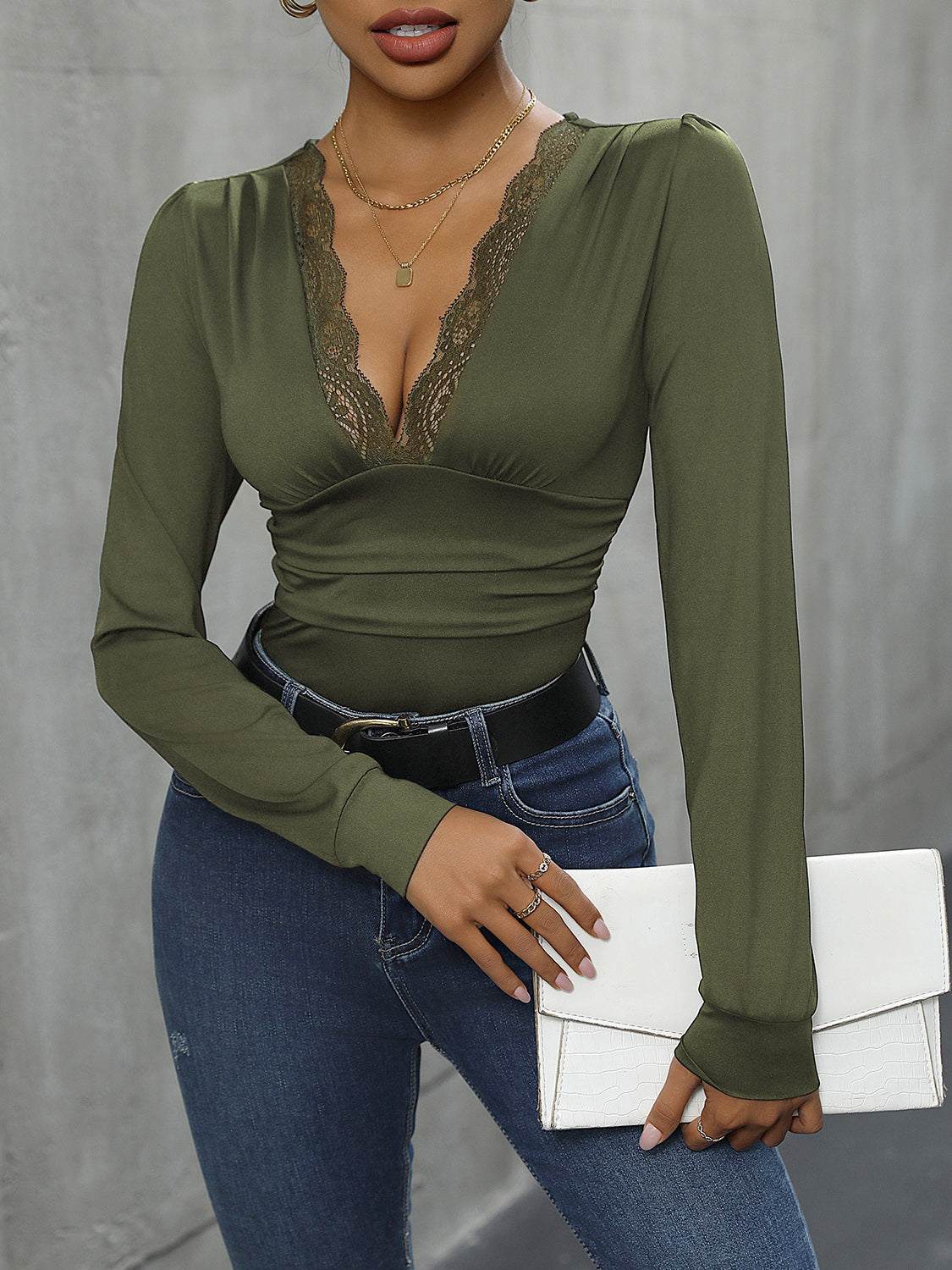 Lace Detail Plunge Long Sleeve Bodysuit - Siennasass