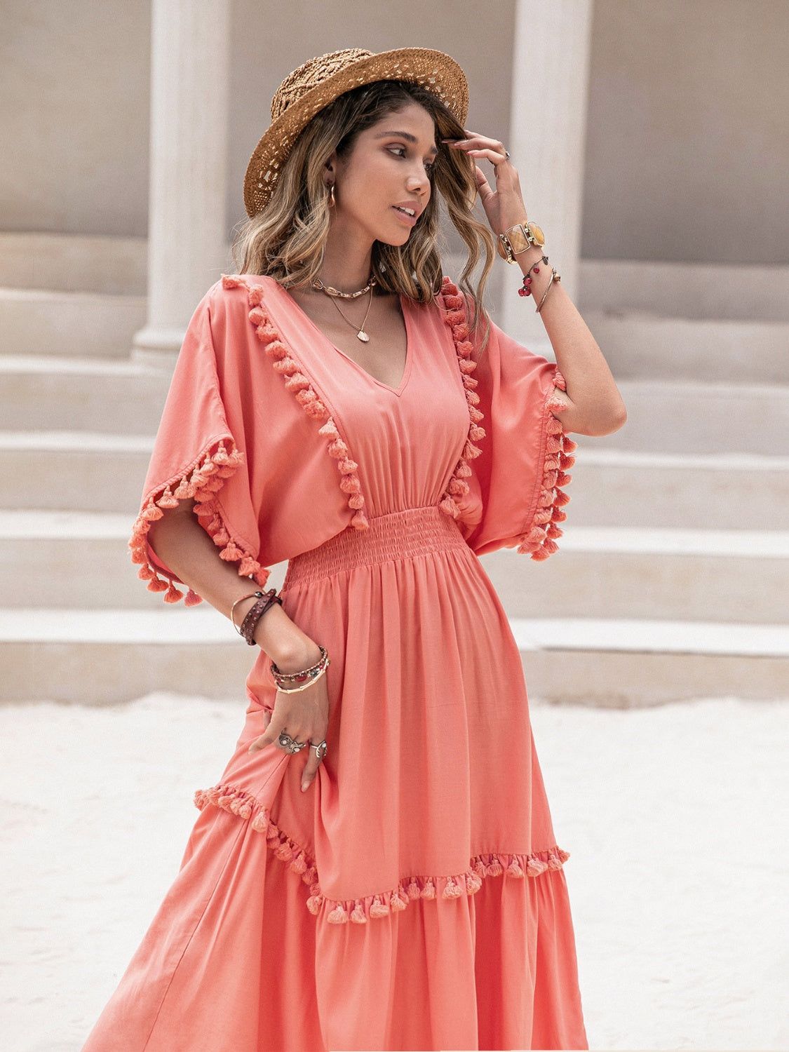 Tassel Trim Smocked V-Neck Short Sleeve Dress - Siennasass