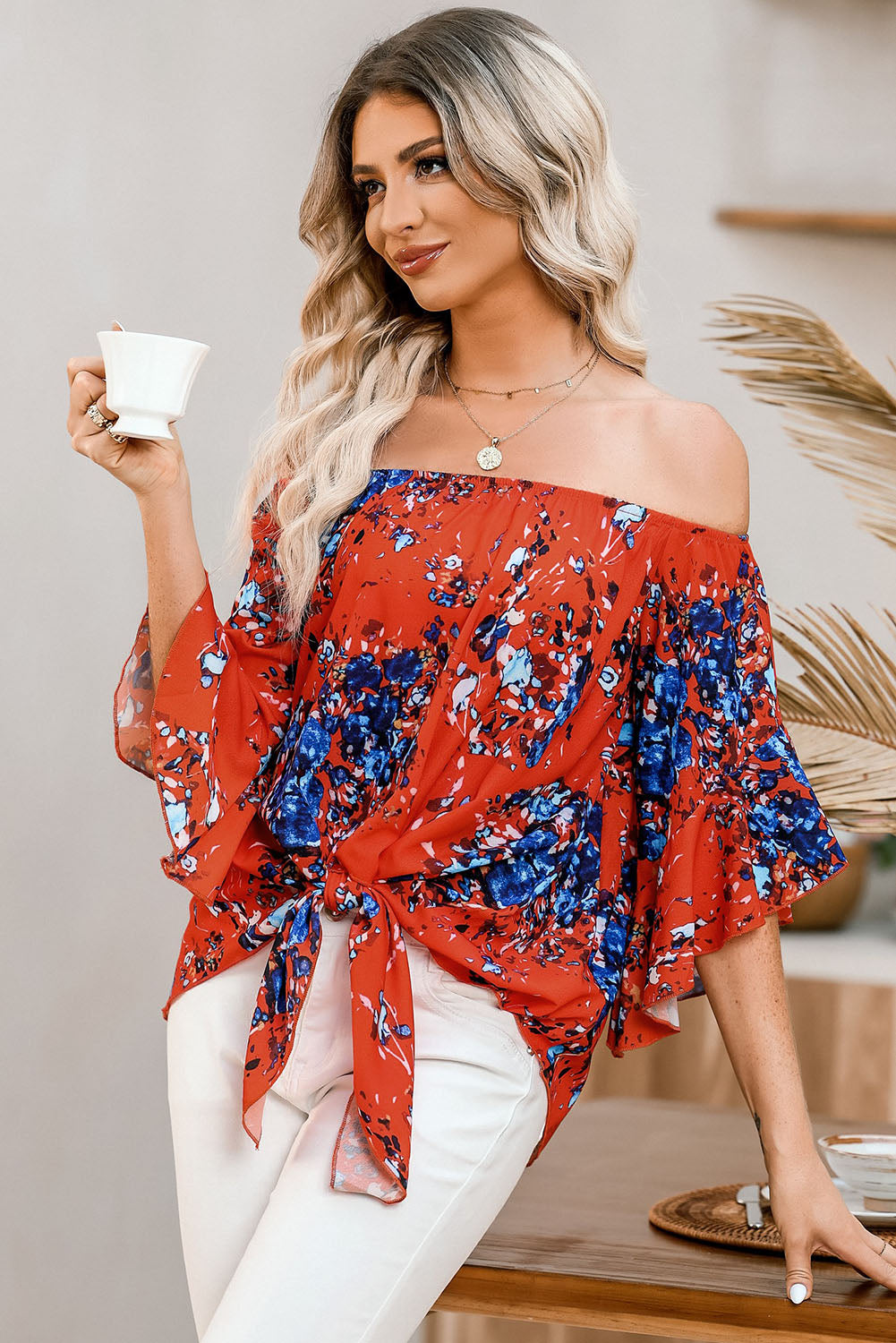Tied Printed Off-Shoulder Half Sleeve Blouse - Siennasass