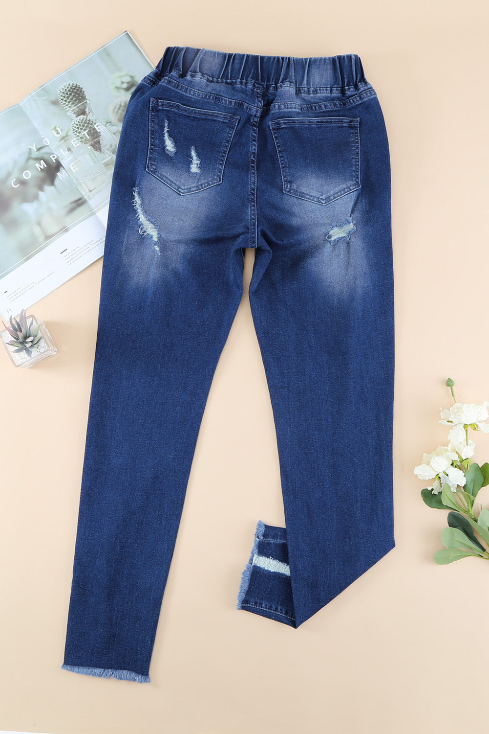 Drawstring Distressed Raw Hem Jeans with Pockets - Siennasass