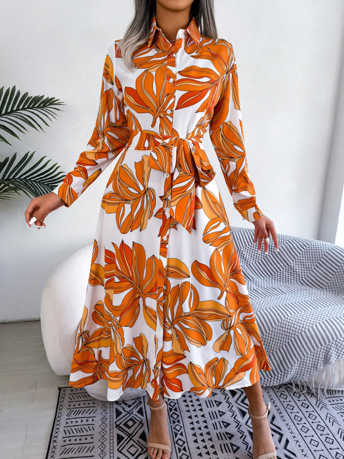 Tied Button Up Long Sleeve Dress - Siennasass
