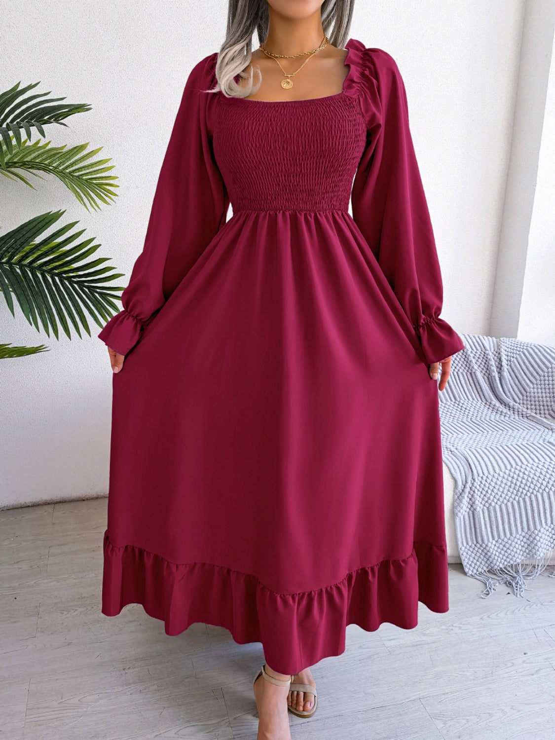 Smocked Square Neck Flounce Sleeve Dress - Siennasass