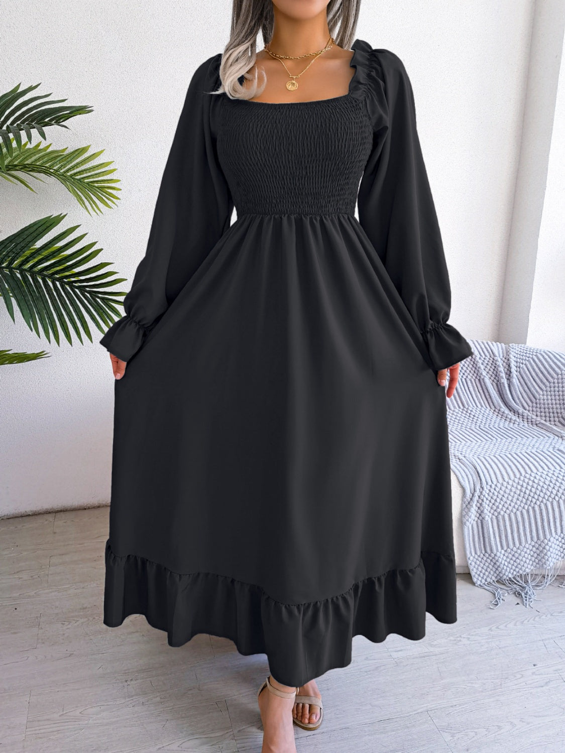 Smocked Square Neck Flounce Sleeve Dress - Siennasass