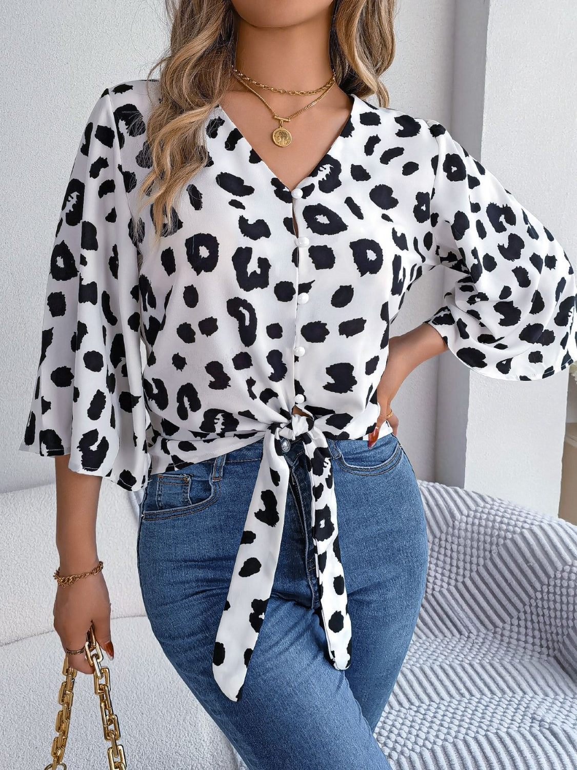 Tied Button Up Leopard V-Neck Blouse - Siennasass