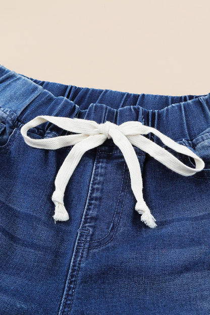 Drawstring Distressed Raw Hem Jeans with Pockets - Siennasass