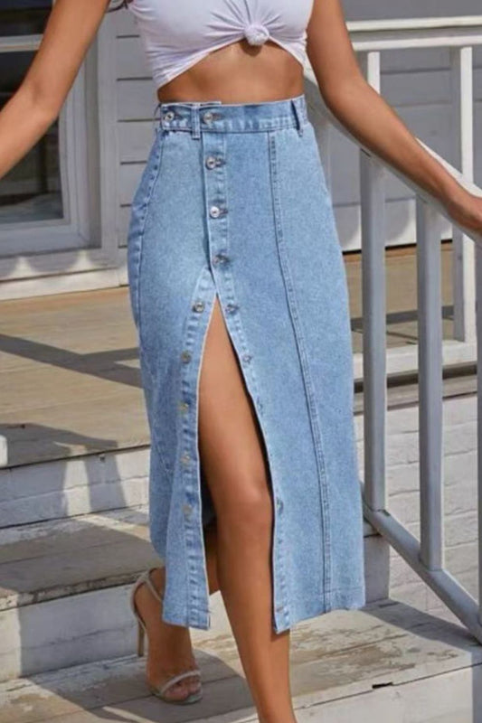 Buttoned Split Denim Skirt - Siennasass