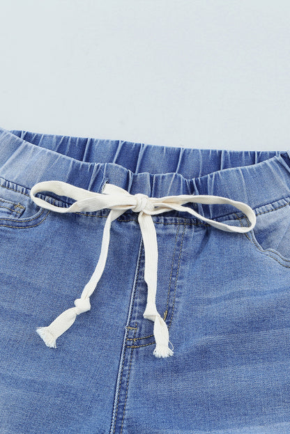 Drawstring Distressed Raw Hem Jeans with Pockets - Siennasass