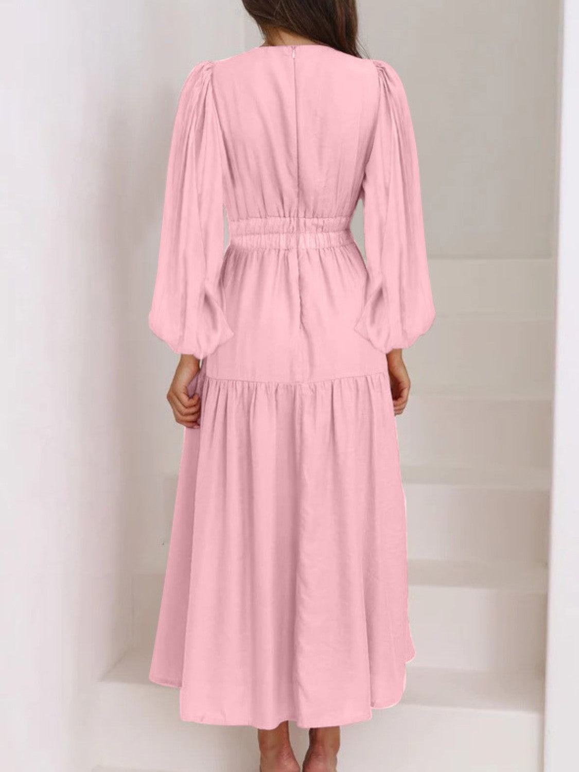 Deep V-Neck Balloon Sleeve Plain Maxi Dress - Siennasass