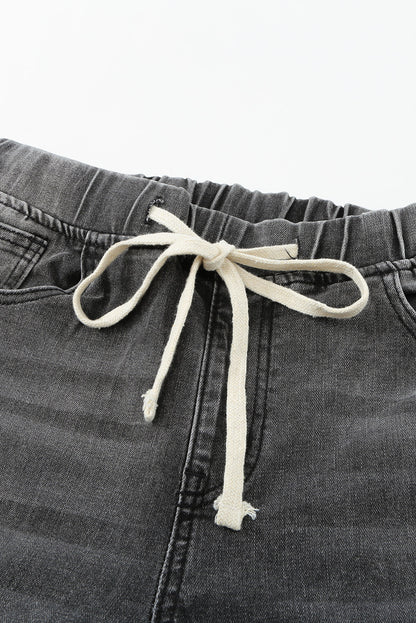 Drawstring Distressed Raw Hem Jeans with Pockets - Siennasass
