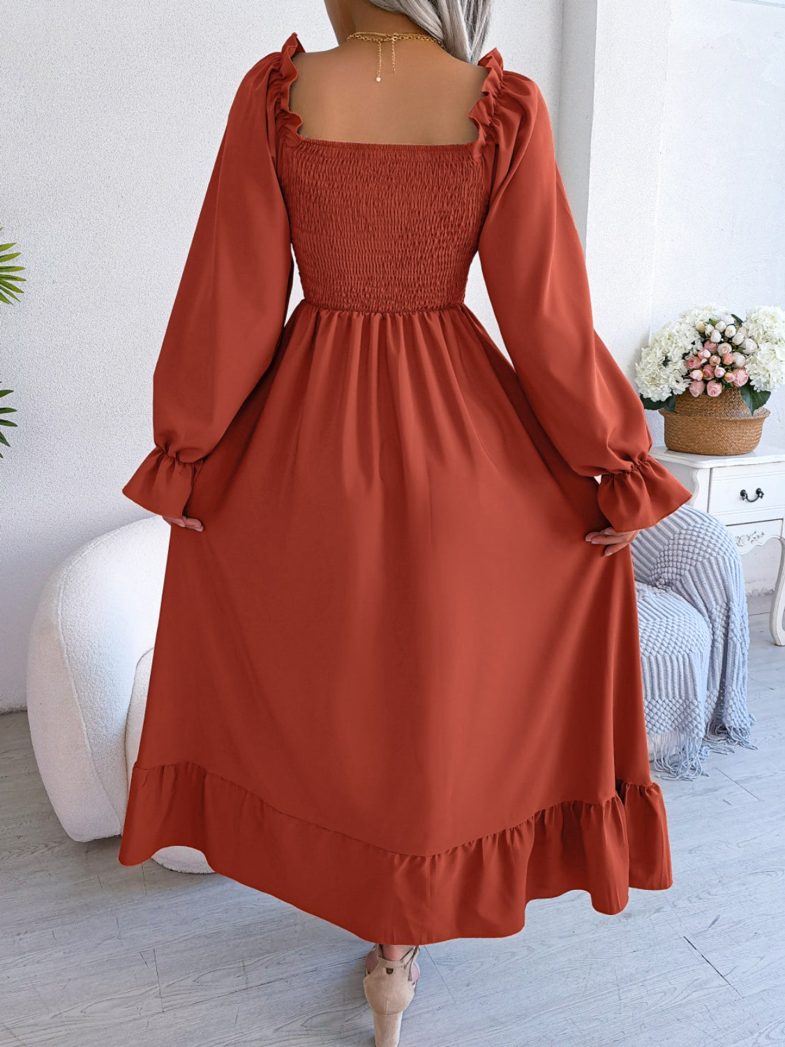 Smocked Square Neck Flounce Sleeve Dress - Siennasass