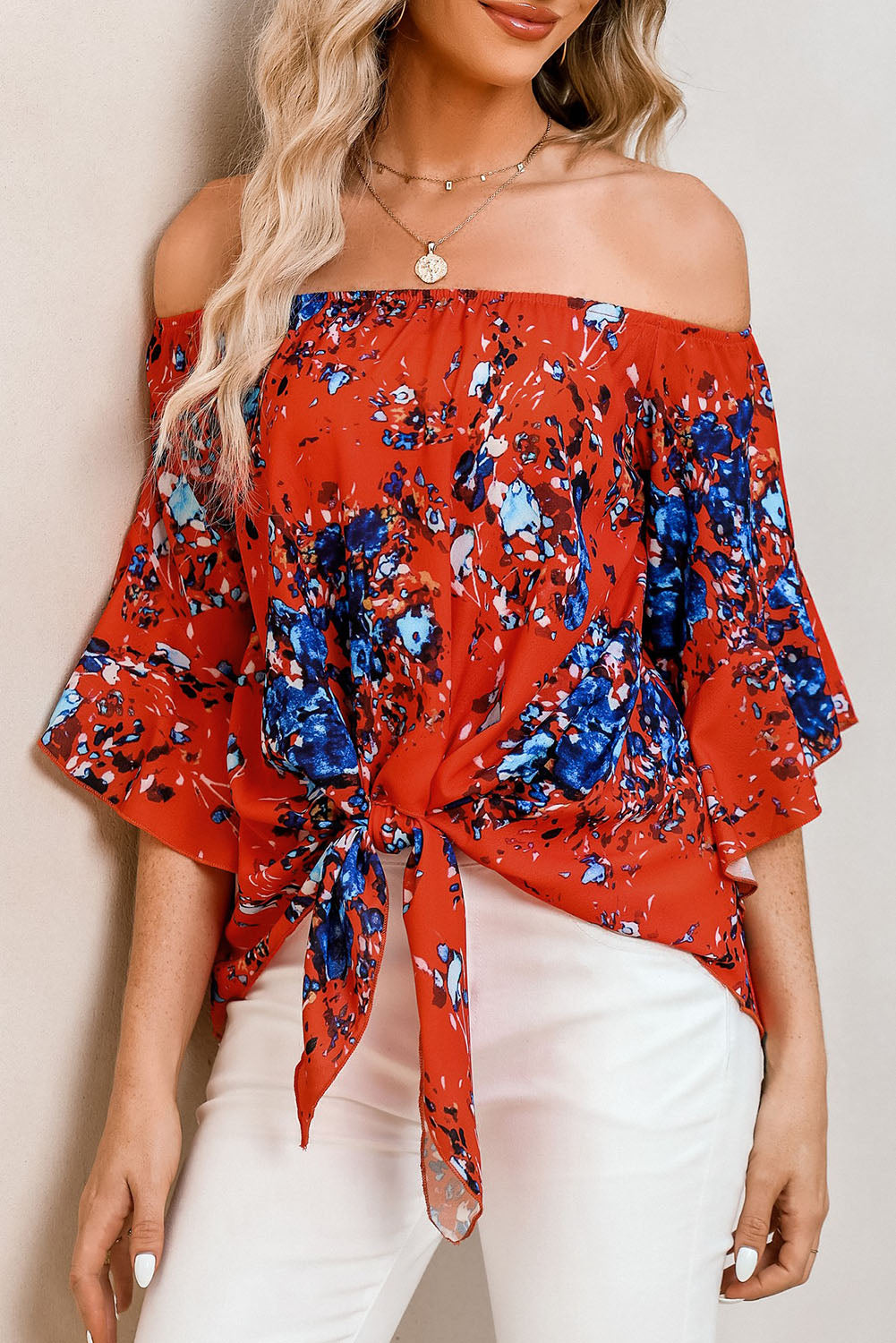 Tied Printed Off-Shoulder Half Sleeve Blouse - Siennasass
