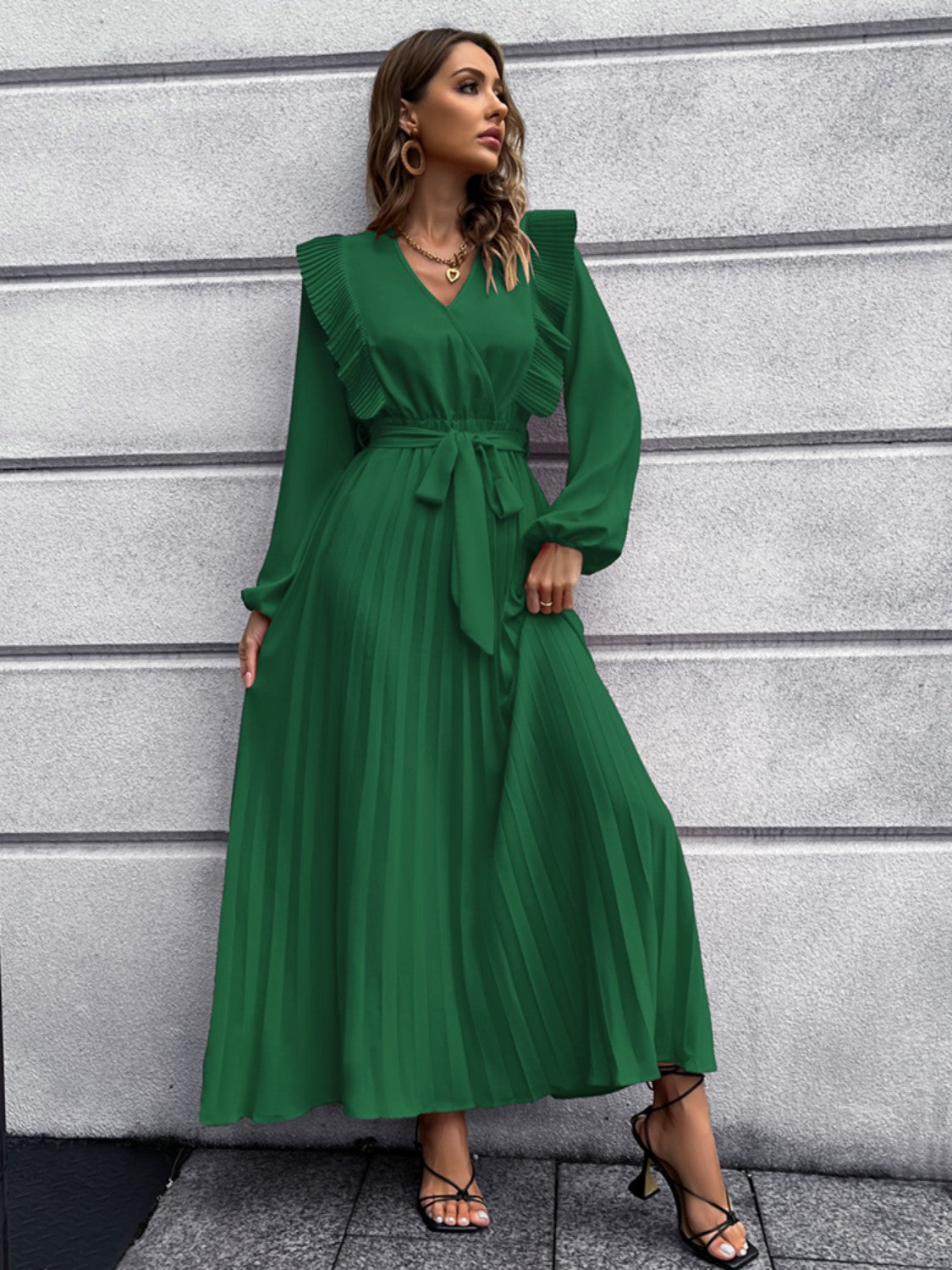 Pleated Surplice Tie Waist Maxi Dress - Siennasass