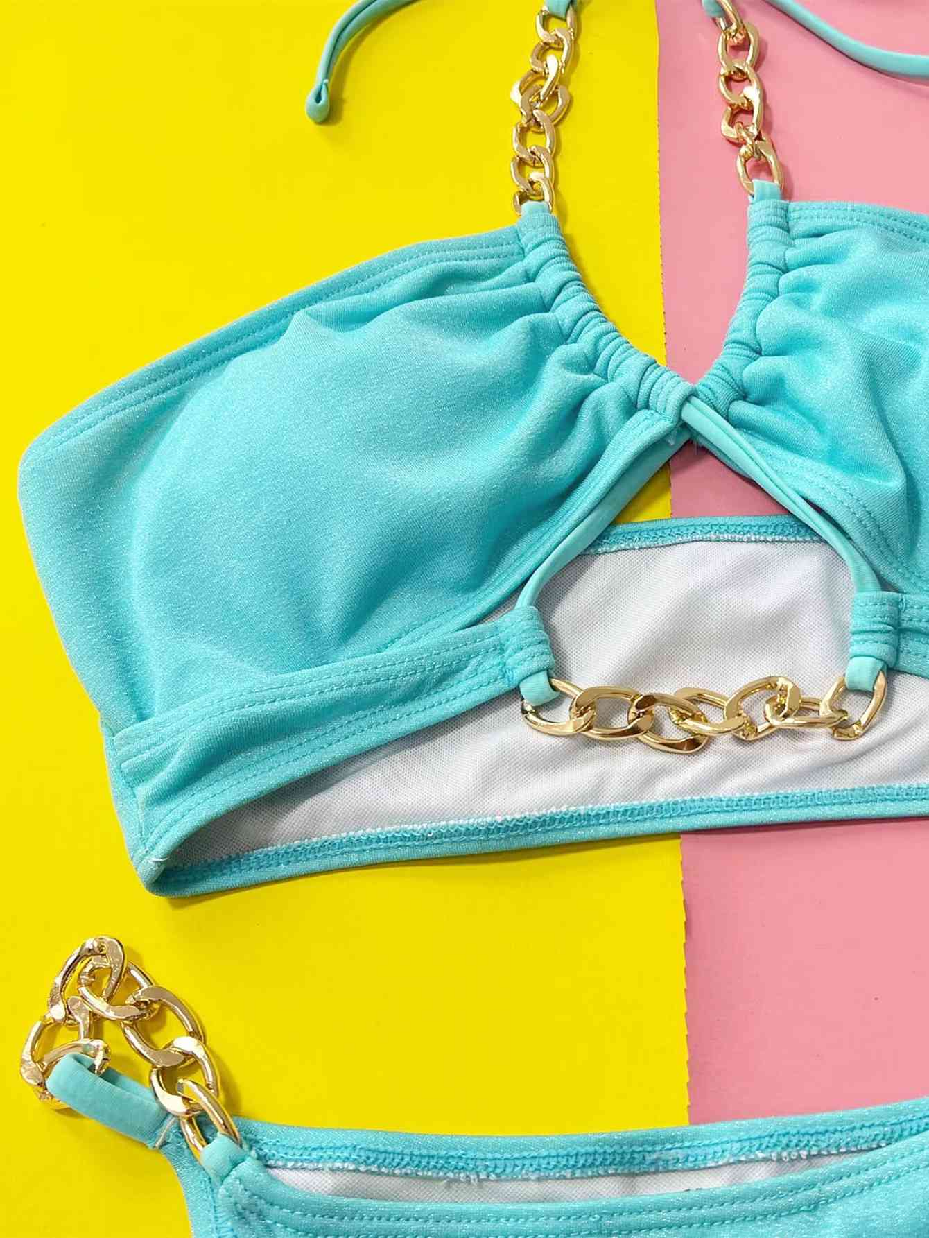 Halter Neck Chain Detail Two-Piece Bikini Set - Siennasass