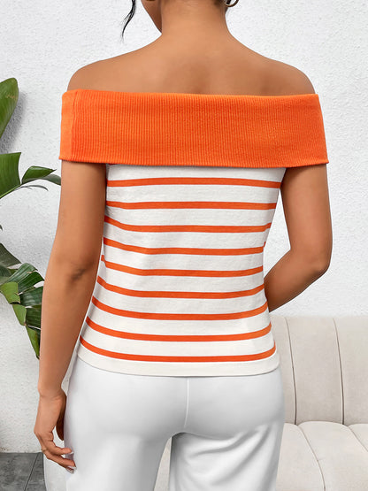 Decorative Button Striped Off-Shoulder Knit Top - Siennasass