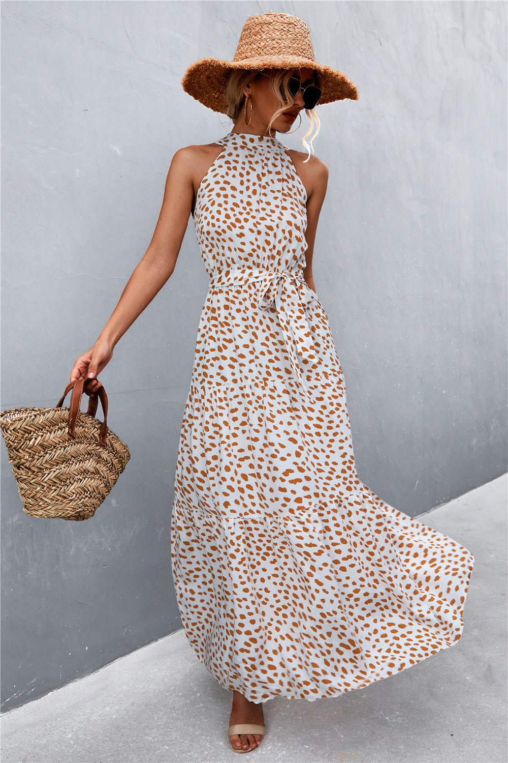 Printed Sleeveless Tie Waist Maxi Dress - Siennasass
