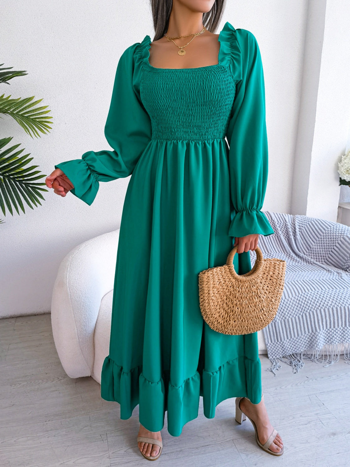 Smocked Square Neck Flounce Sleeve Dress - Siennasass
