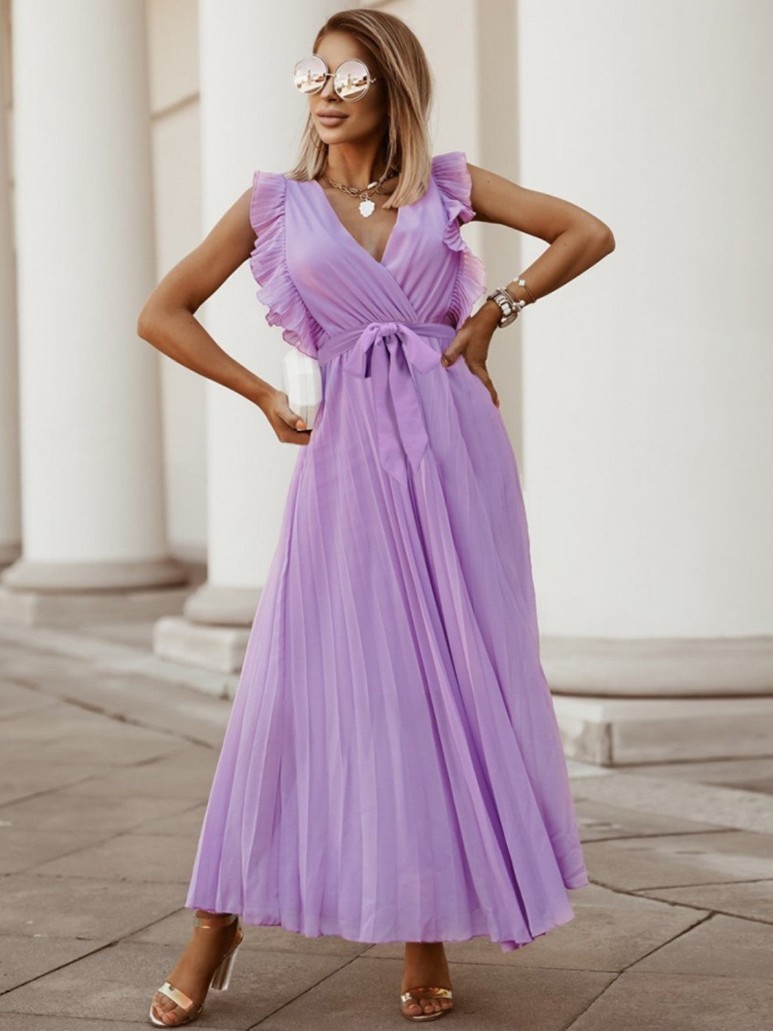 Tied Surplice Cap Sleeve Pleated Dress - Siennasass