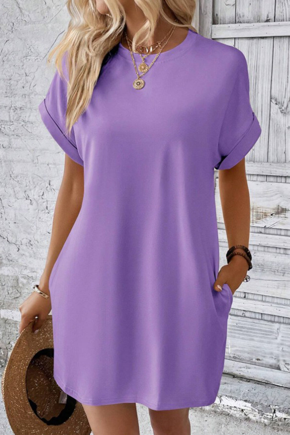 Pocketed Round Neck Short Sleeve Dress - Siennasass
