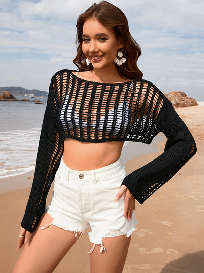 Openwork Boat Neck Long Sleeve Cover-Up - Siennasass