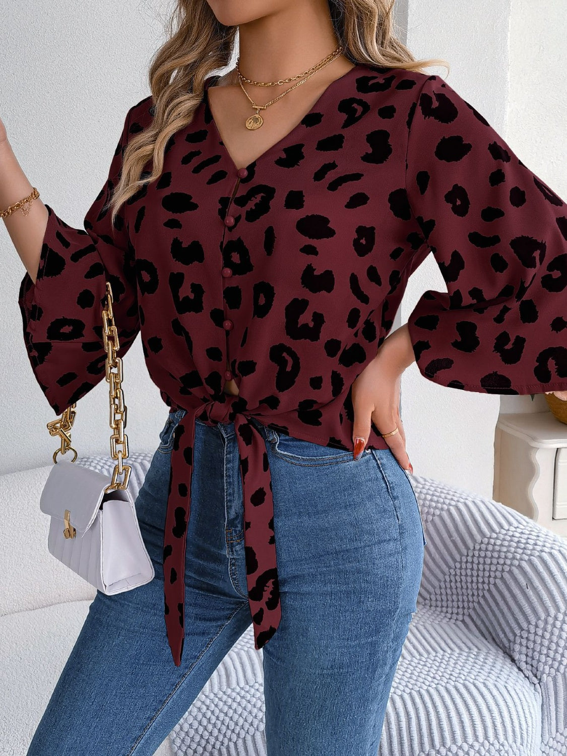 Tied Button Up Leopard V-Neck Blouse - Siennasass