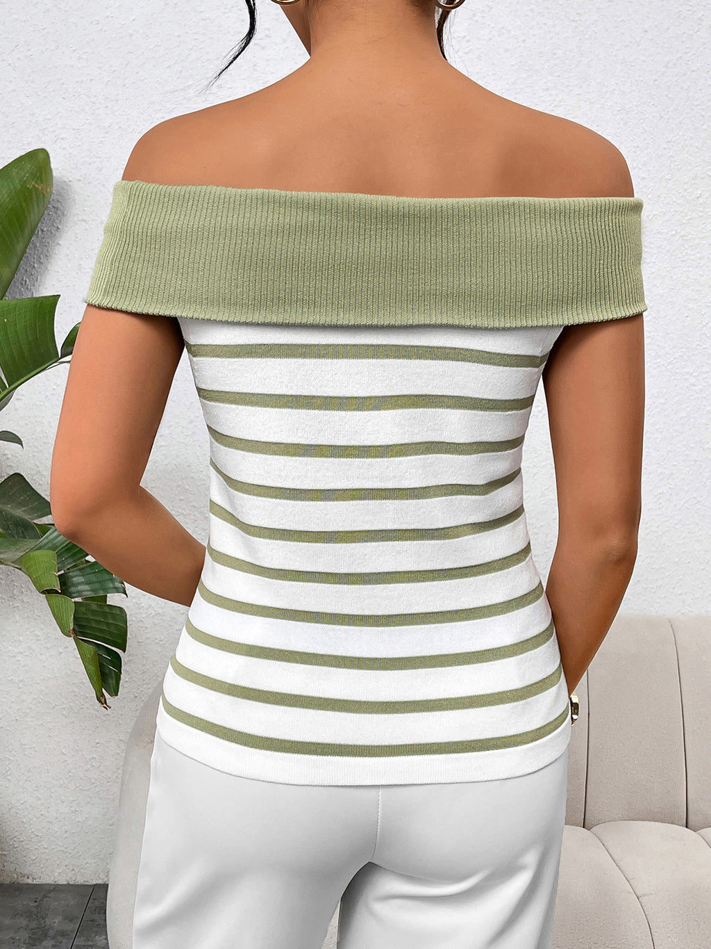 Decorative Button Striped Off-Shoulder Knit Top - Siennasass