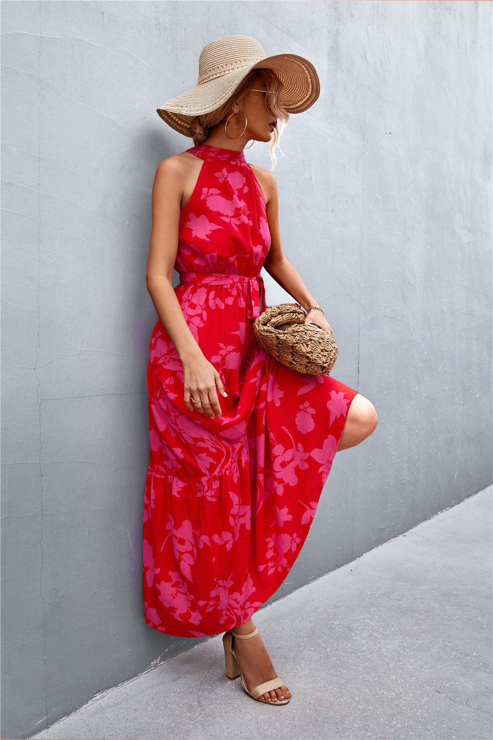 Printed Sleeveless Tie Waist Maxi Dress - Siennasass