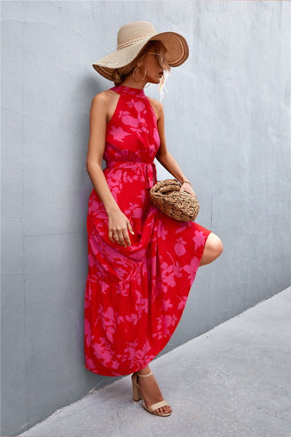 Printed Sleeveless Tie Waist Maxi Dress - Siennasass