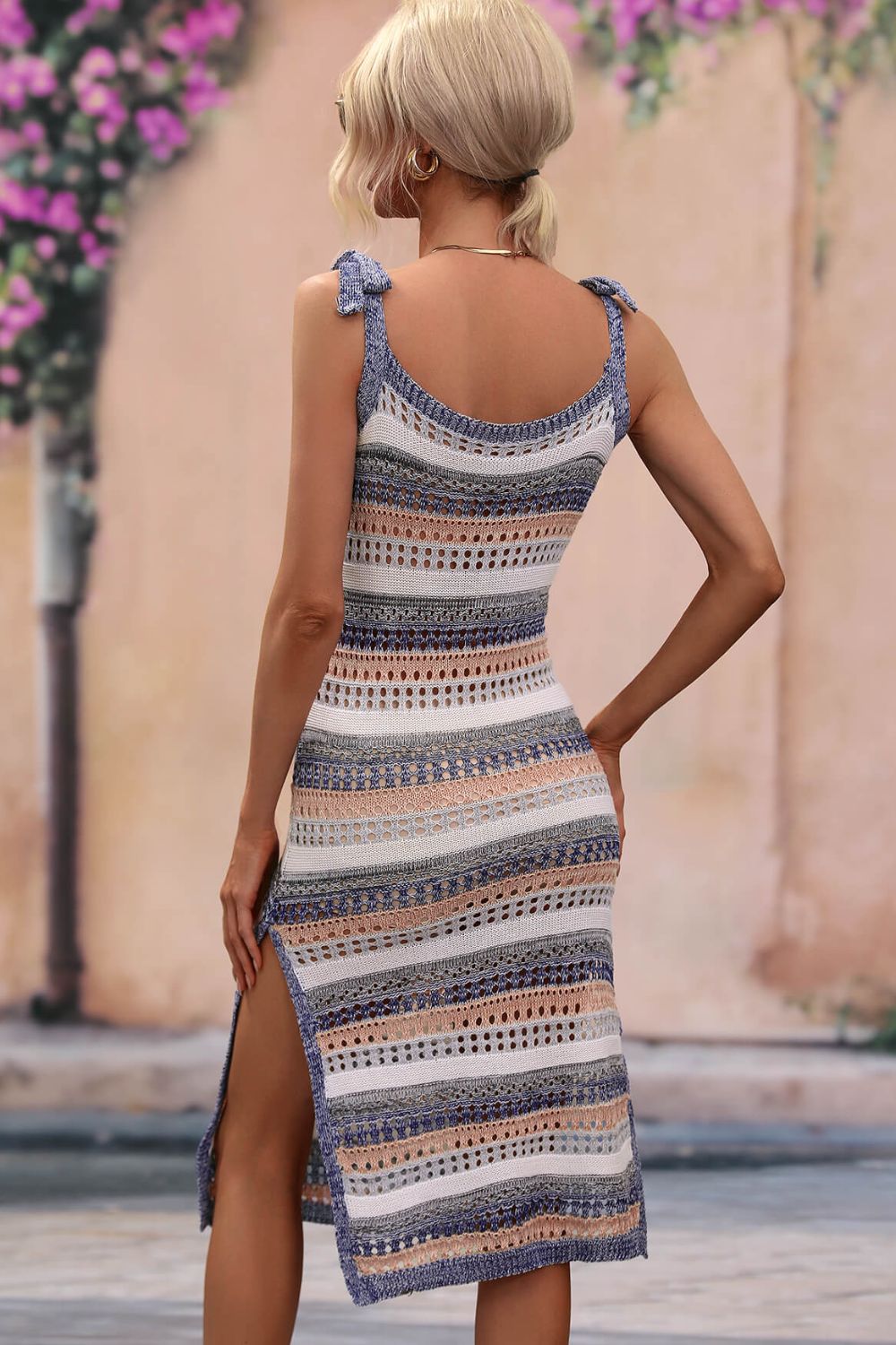 Striped Tie Shoulder Split Cover Up Dress - Siennasass