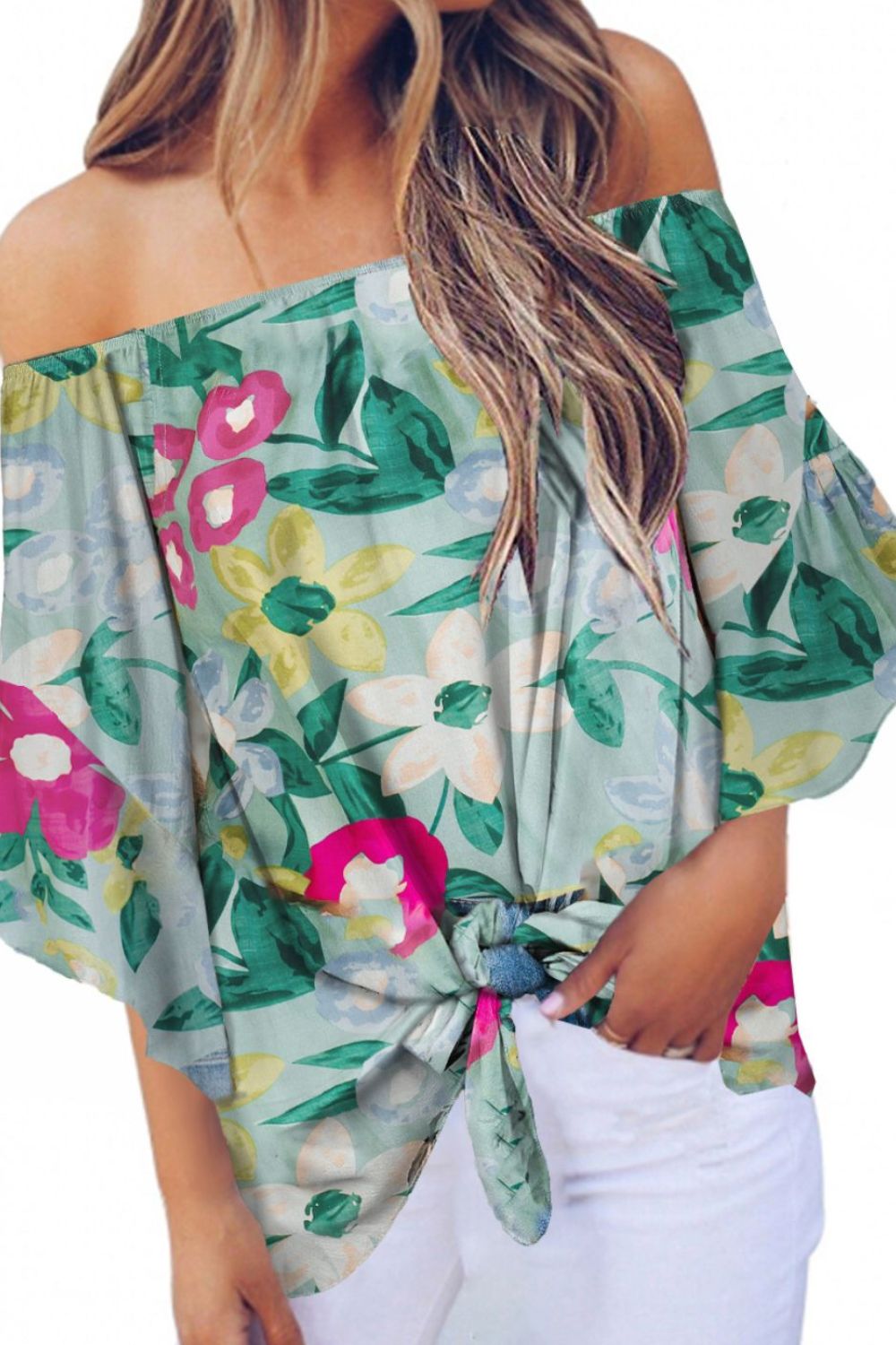 Tied Printed Off-Shoulder Half Sleeve Blouse - Siennasass
