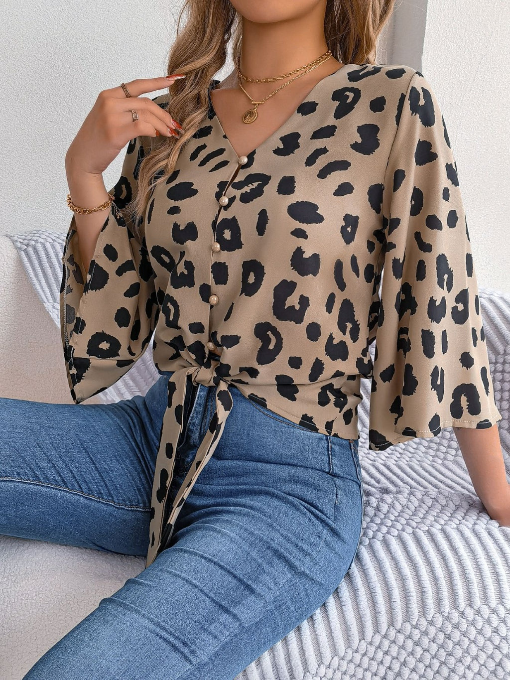 Tied Button Up Leopard V-Neck Blouse - Siennasass