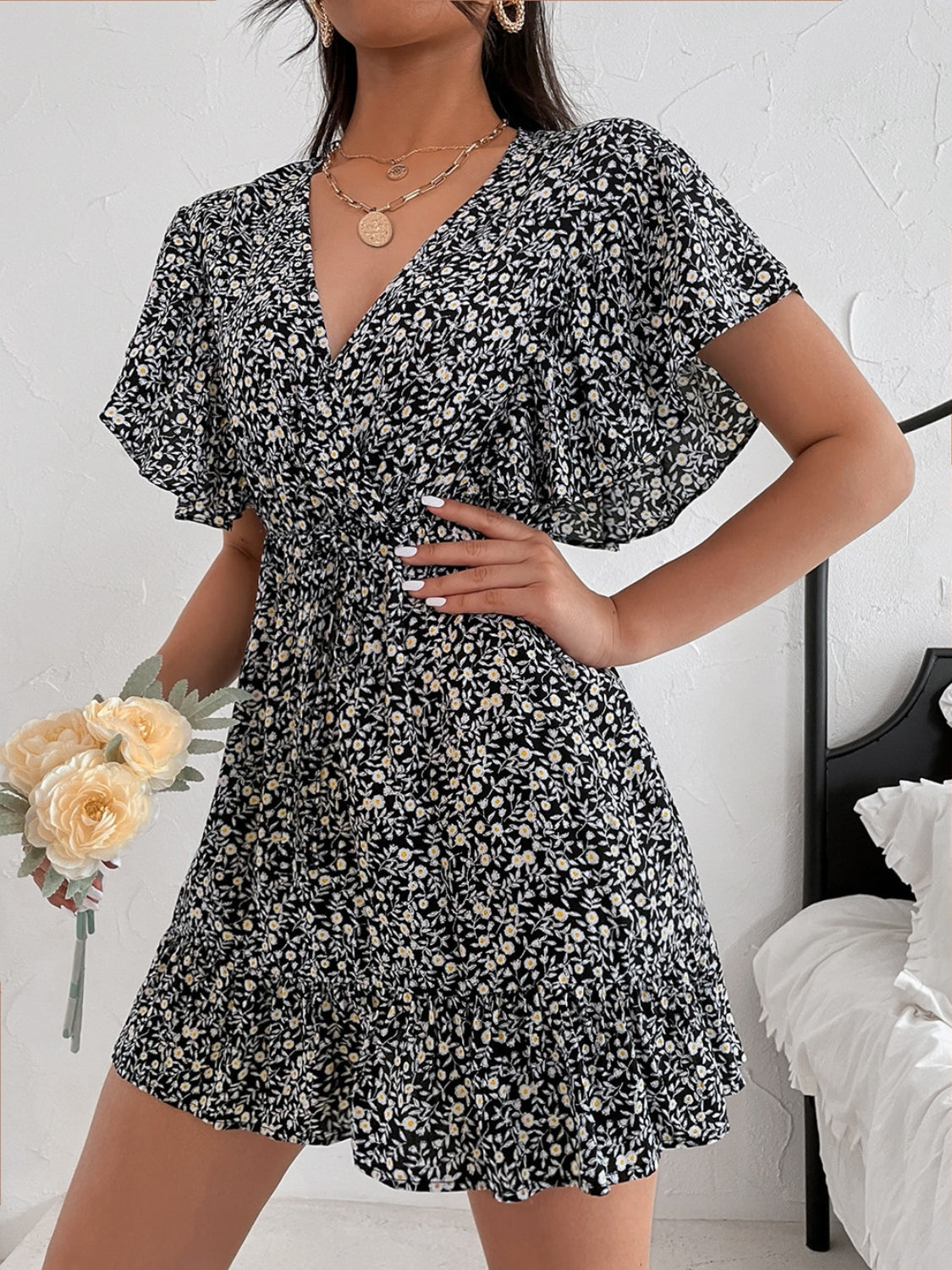 Cutout Ditsy Floral Surplice Flounce Sleeve Dress - Siennasass