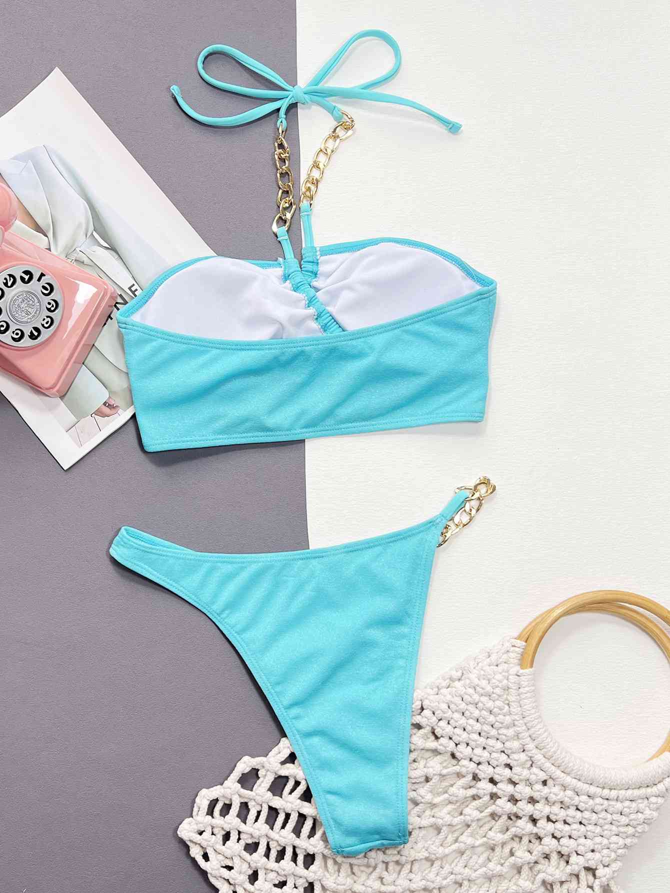 Halter Neck Chain Detail Two-Piece Bikini Set - Siennasass