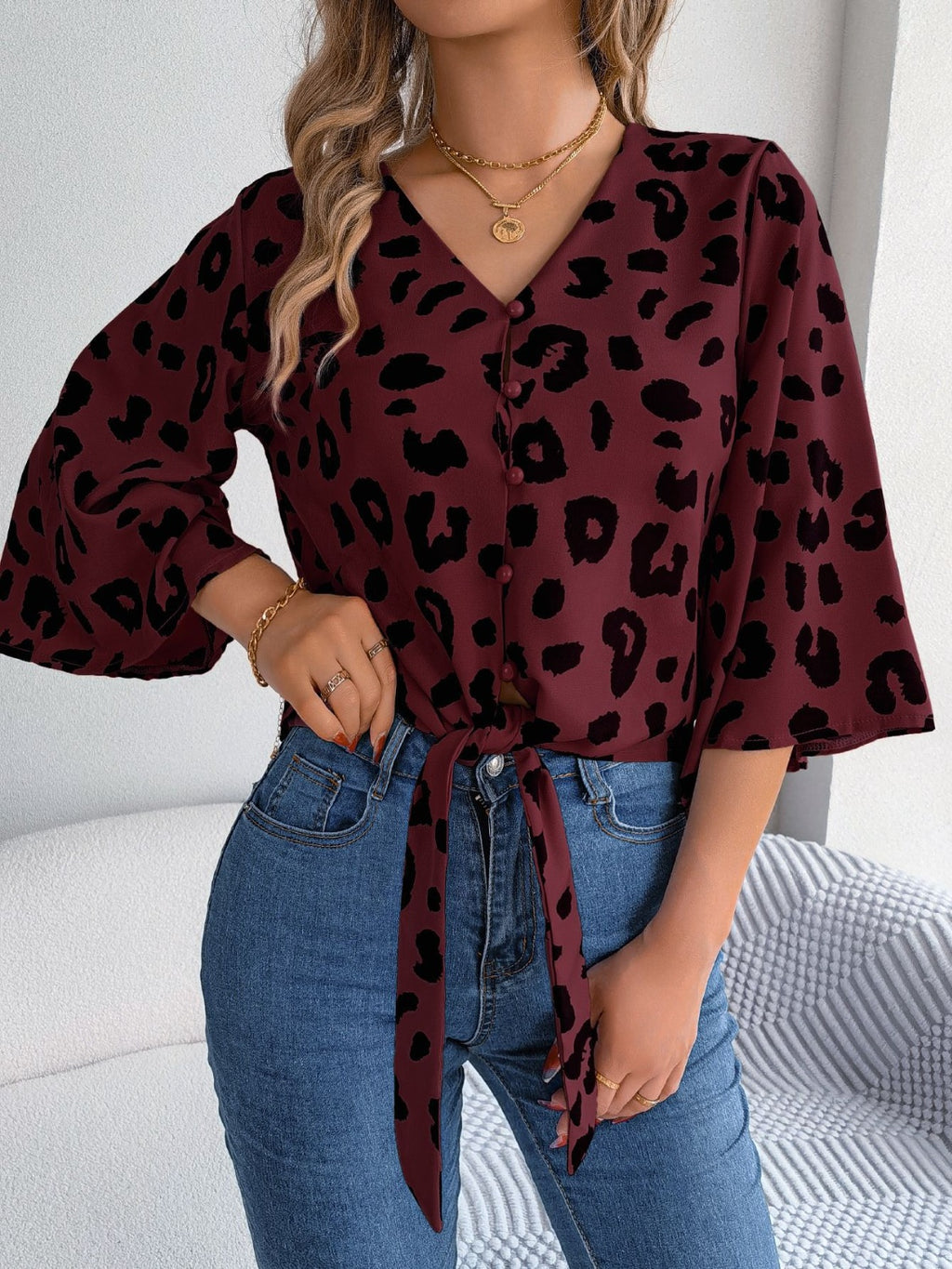 Tied Button Up Leopard V-Neck Blouse - Siennasass