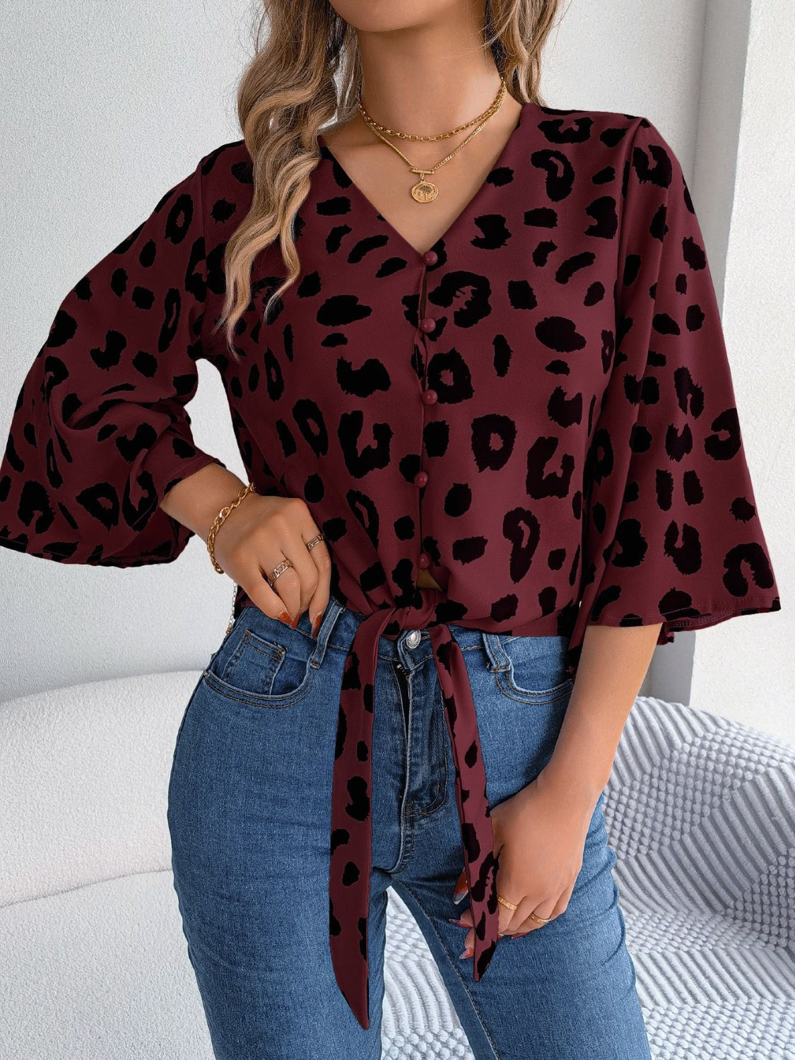 Tied Button Up Leopard V-Neck Blouse - Siennasass