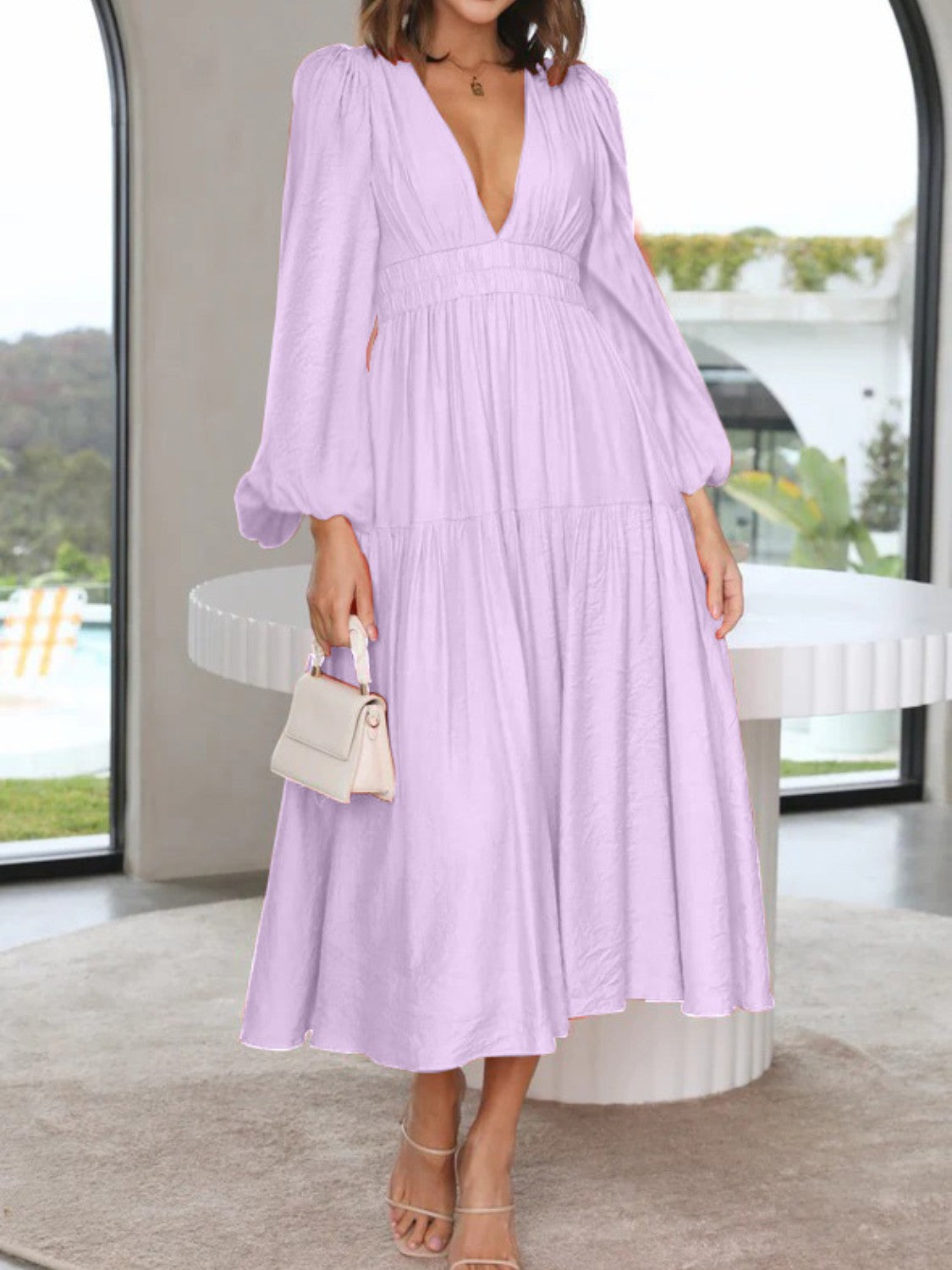 Deep V-Neck Balloon Sleeve Plain Maxi Dress - Siennasass