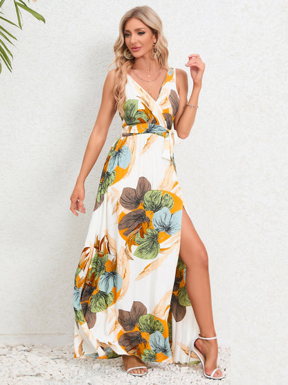 Slit Tied Printed Surplice Dress - Siennasass