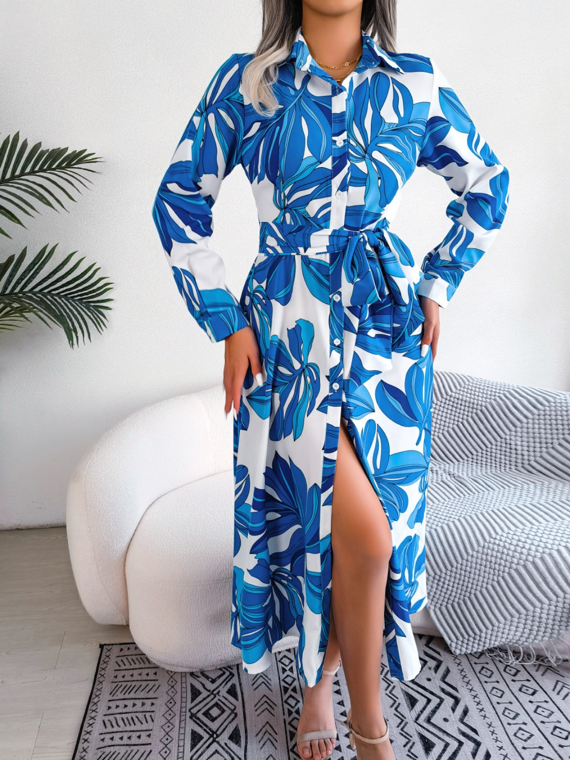 Tied Button Up Long Sleeve Dress - Siennasass