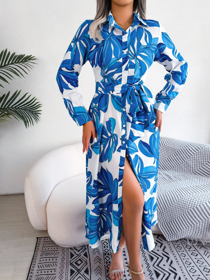Tied Button Up Long Sleeve Dress - Siennasass