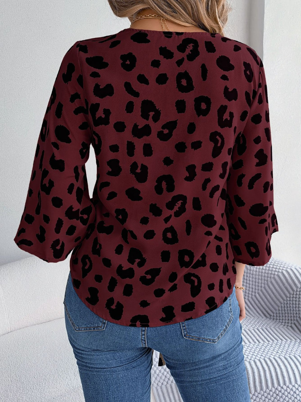 Tied Button Up Leopard V-Neck Blouse - Siennasass