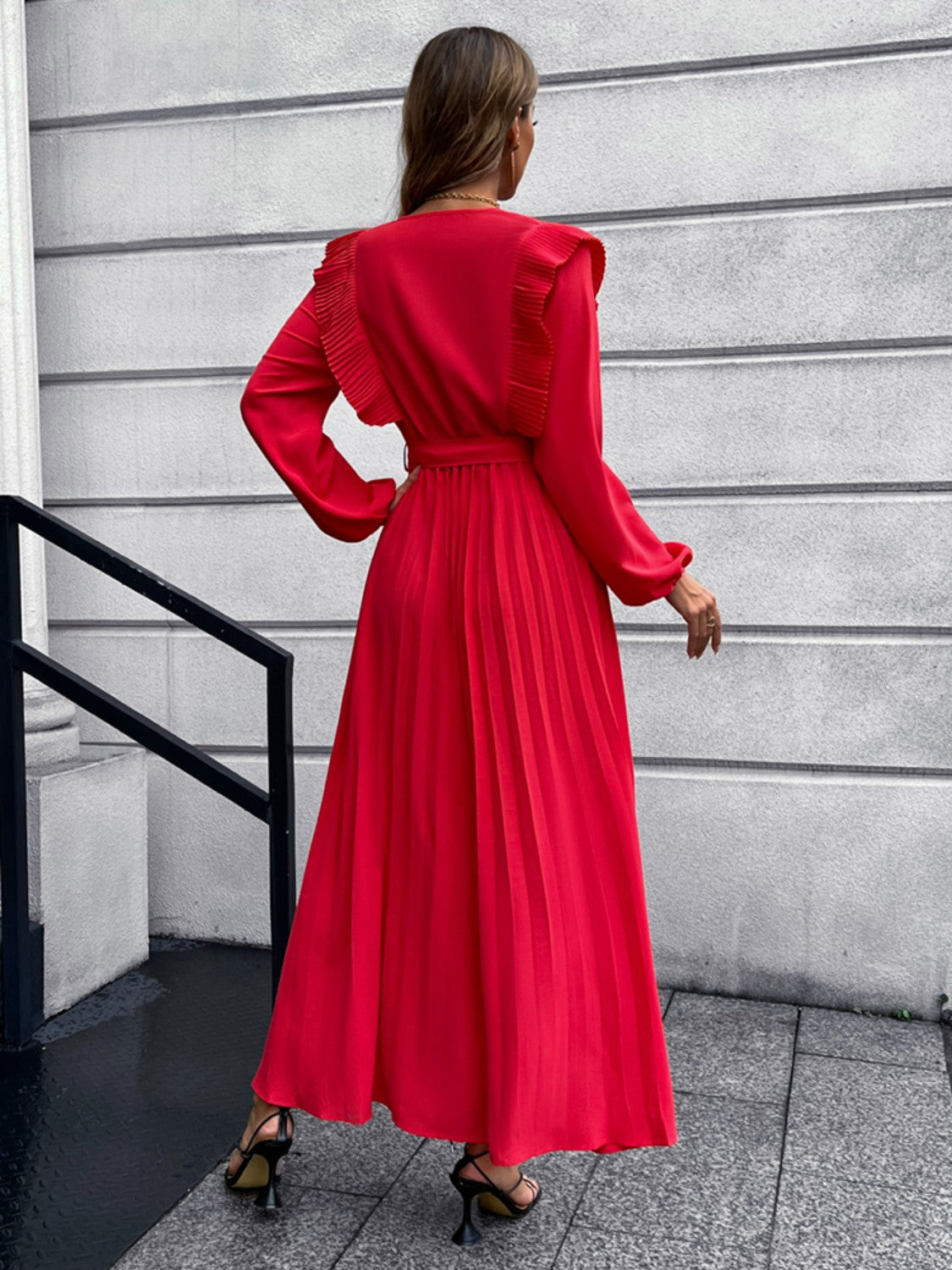 Pleated Surplice Tie Waist Maxi Dress - Siennasass