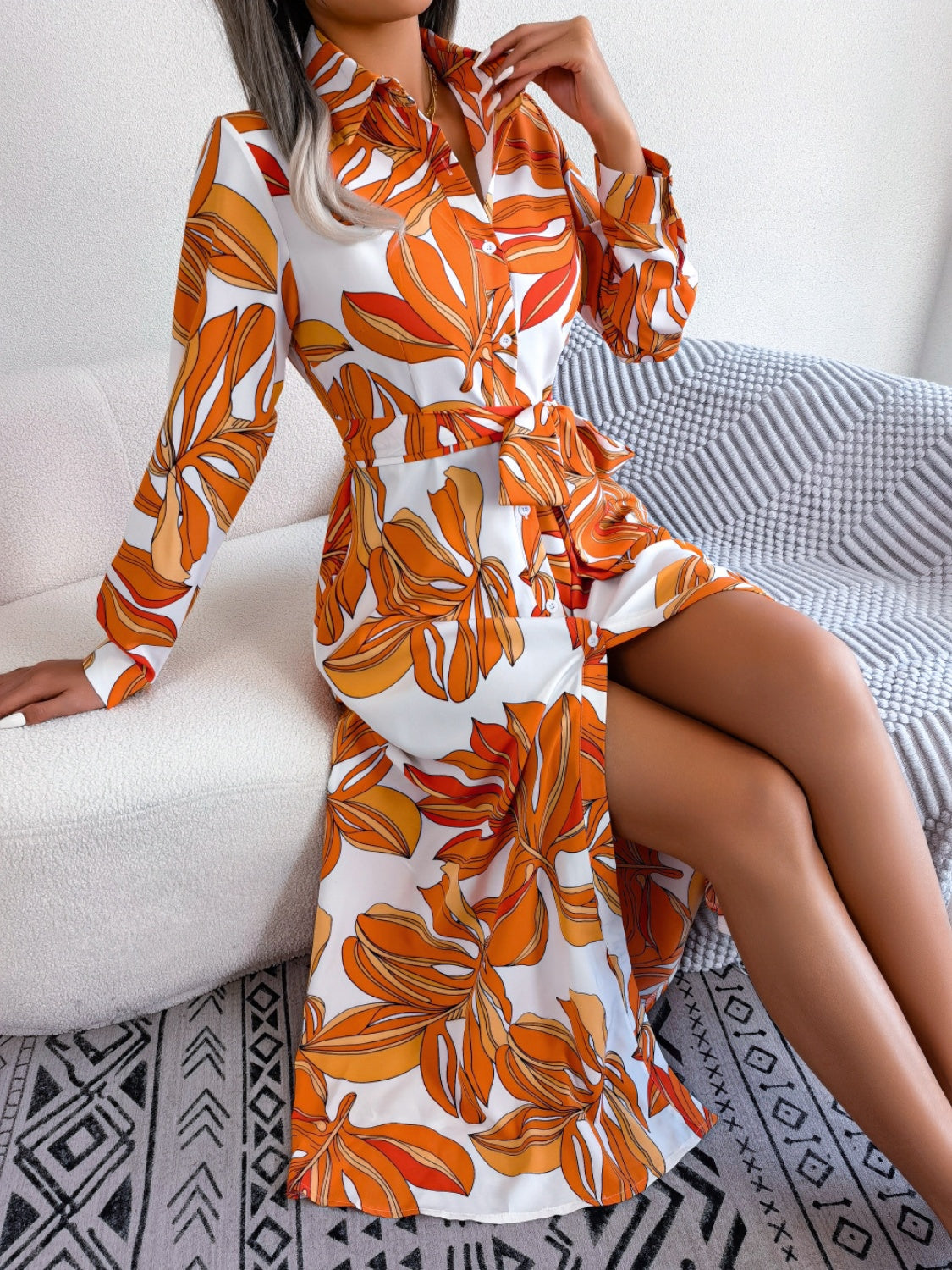 Tied Button Up Long Sleeve Dress - Siennasass