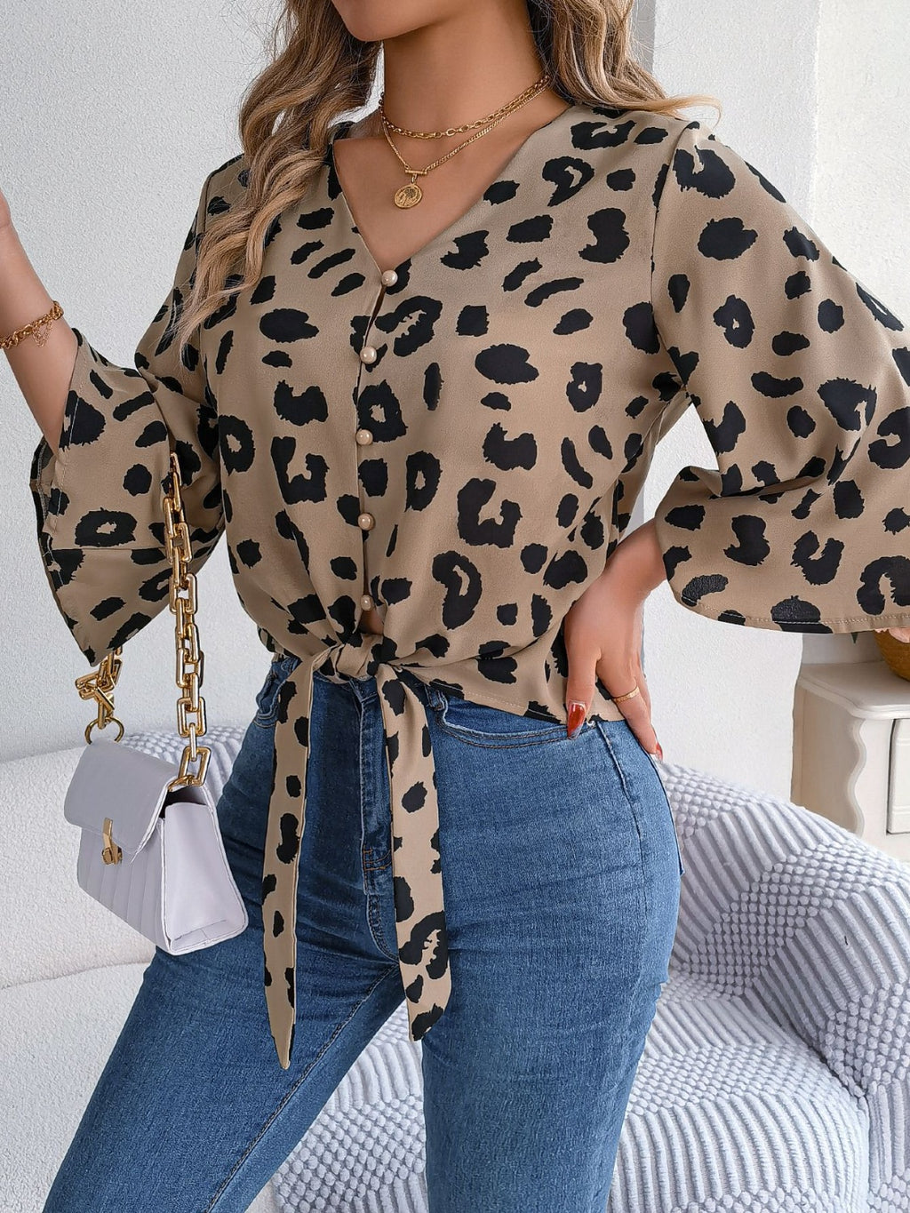 Tied Button Up Leopard V-Neck Blouse - Siennasass