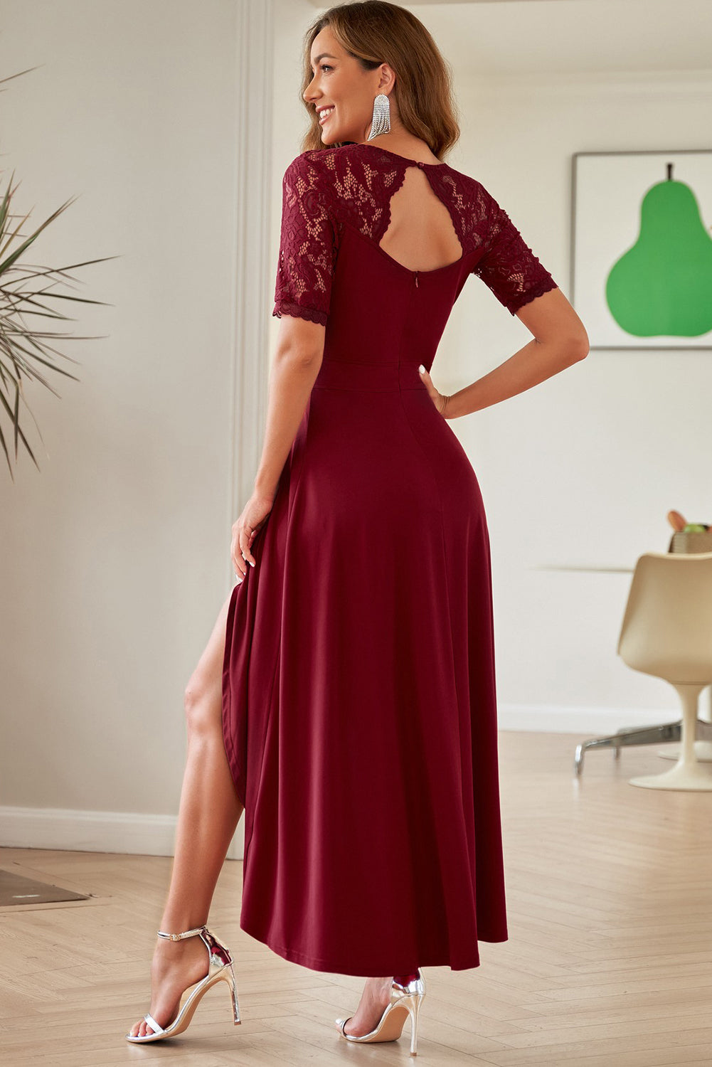 Lace Cutout V-Neck Short Sleeve Dress - Siennasass