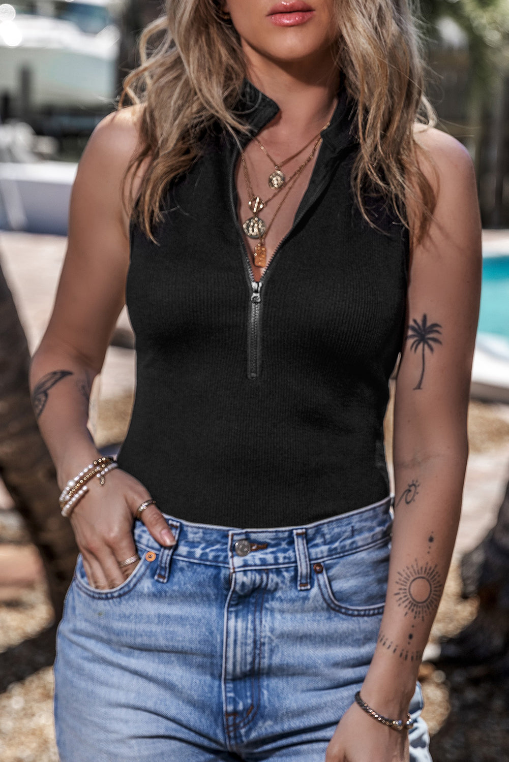 Zip Up Mock Neck Sleeveless Bodysuit - Siennasass