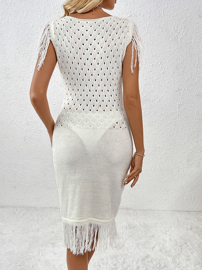 Fringe Openwork Boat Neck Knit Dress - Siennasass