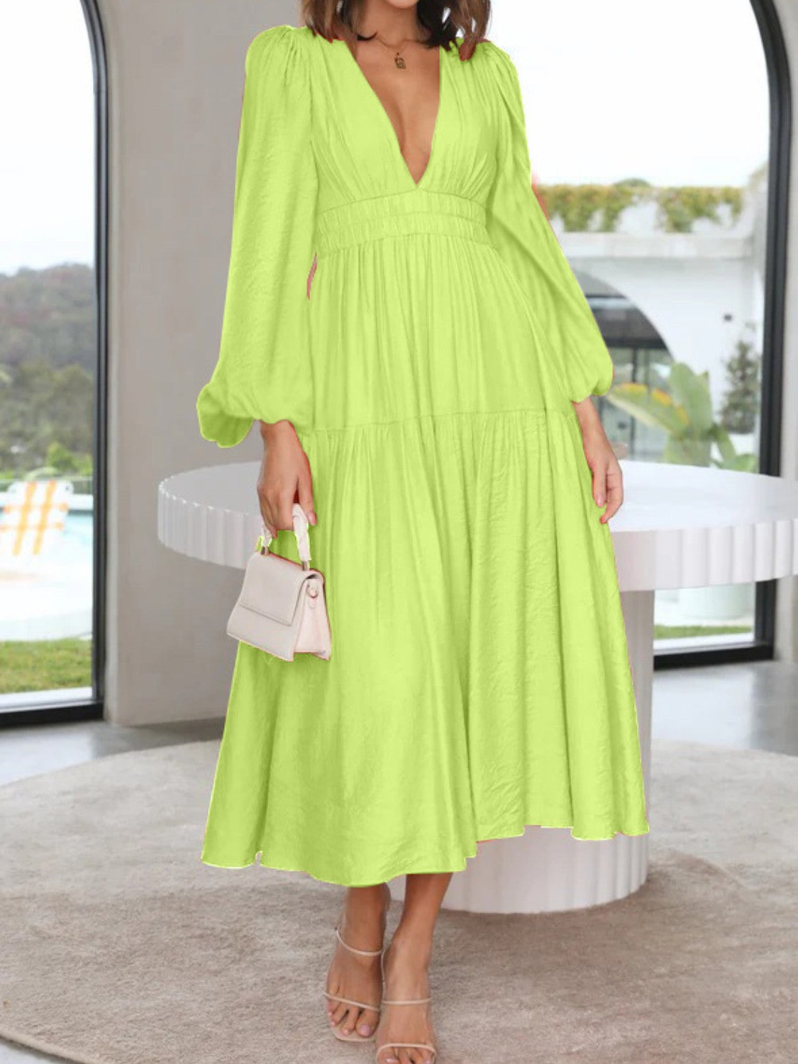Deep V-Neck Balloon Sleeve Plain Maxi Dress - Siennasass