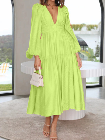 Deep V-Neck Balloon Sleeve Plain Maxi Dress - Siennasass